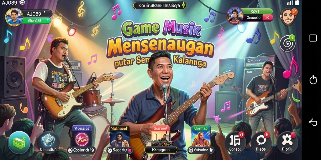 Screenshot utama AJO89 menampilkan gameplay musik yang seru dan interaktif.