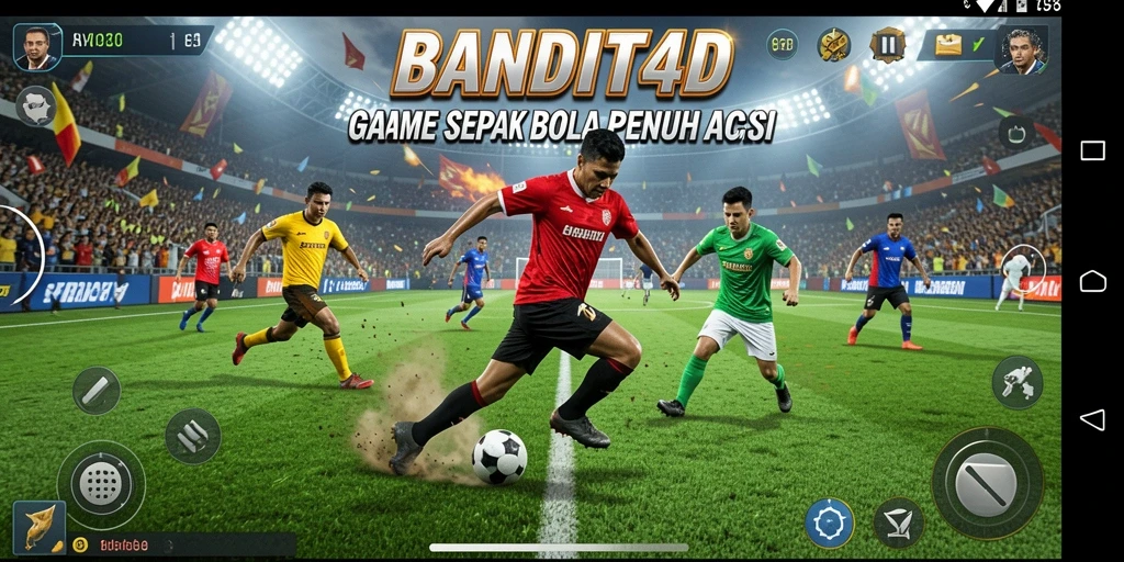 Screenshot utama BANDIT4D menampilkan aksi mendebarkan di lapangan sepak bola.