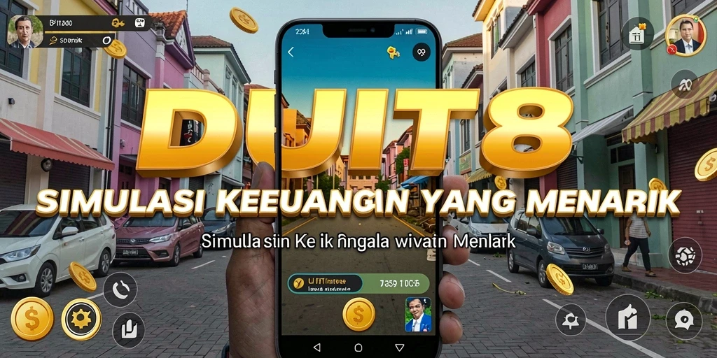 Tampilan utama DUIT8 menunjukkan gameplay simulasi keuangan interaktif.