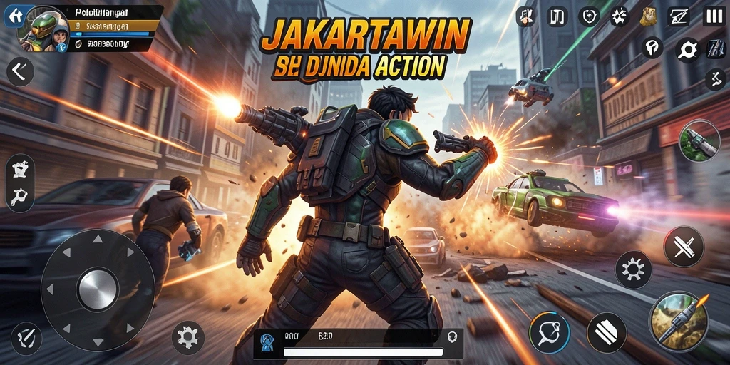 Tampilan gameplay intens dengan karakter beraksi penuh.