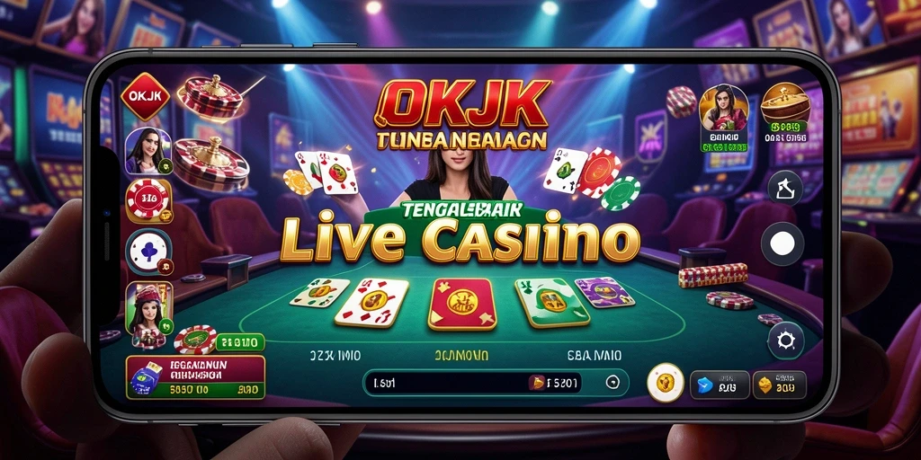 Screenshot gameplay OKJK menampilkan dealer langsung dan suasana kasino.