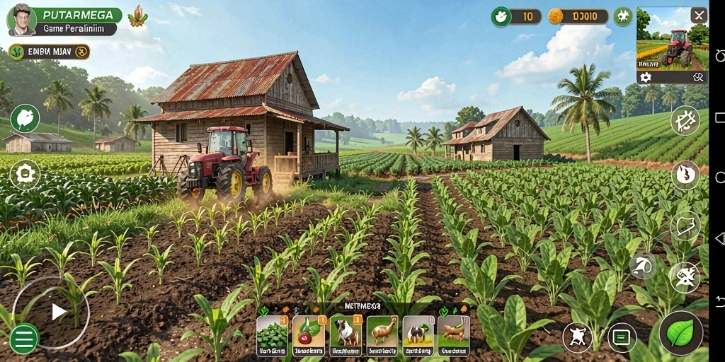 Menampilkan gameplay PUTARMEGA dengan aktivitas bertani yang seru.