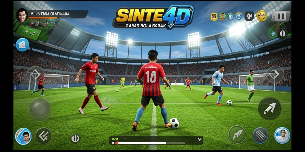 Tampilan gameplay seru dalam SINTE4D yang menampilkan aksi sepak bola.