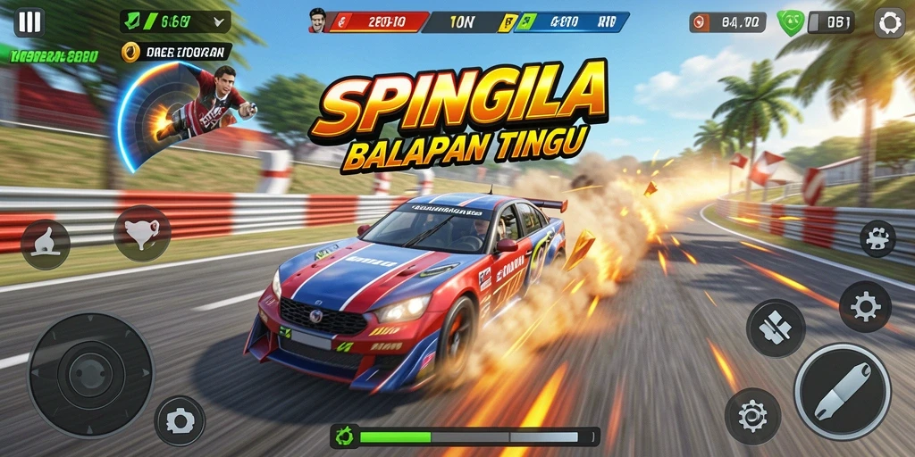 Screenshot gameplay SPINGILA menampilkan aksi balapan yang mendebarkan.
