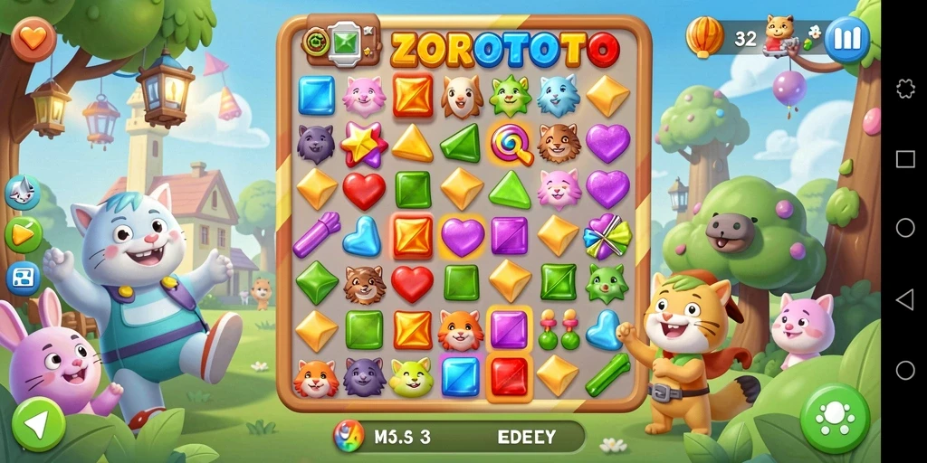 Screenshot permainan ZOROTOTO yang menunjukkan aksi mencocokkan objek di level berbeda.